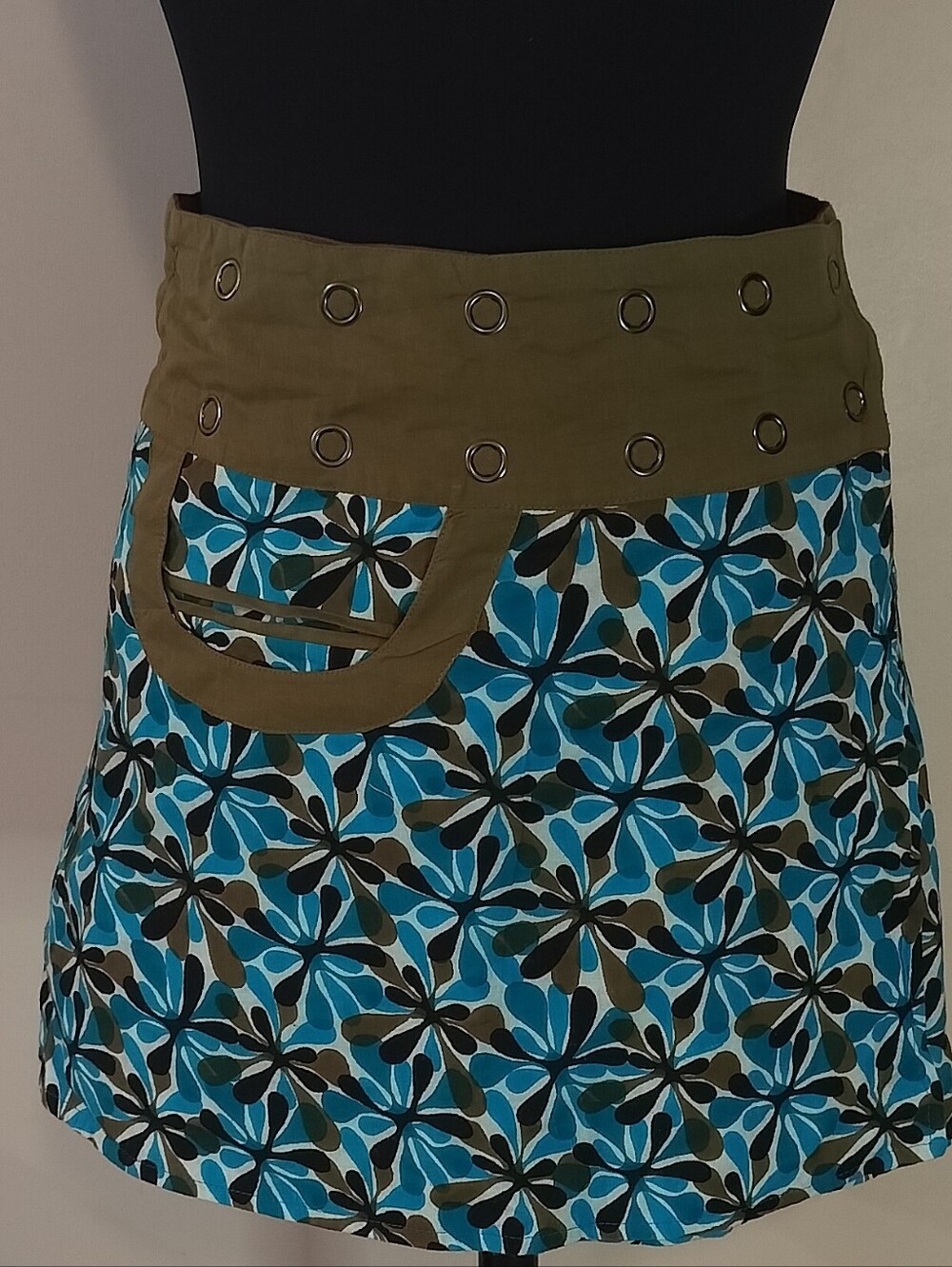 Blue Floral Mini Skirt with Olive Eyelet Waistband